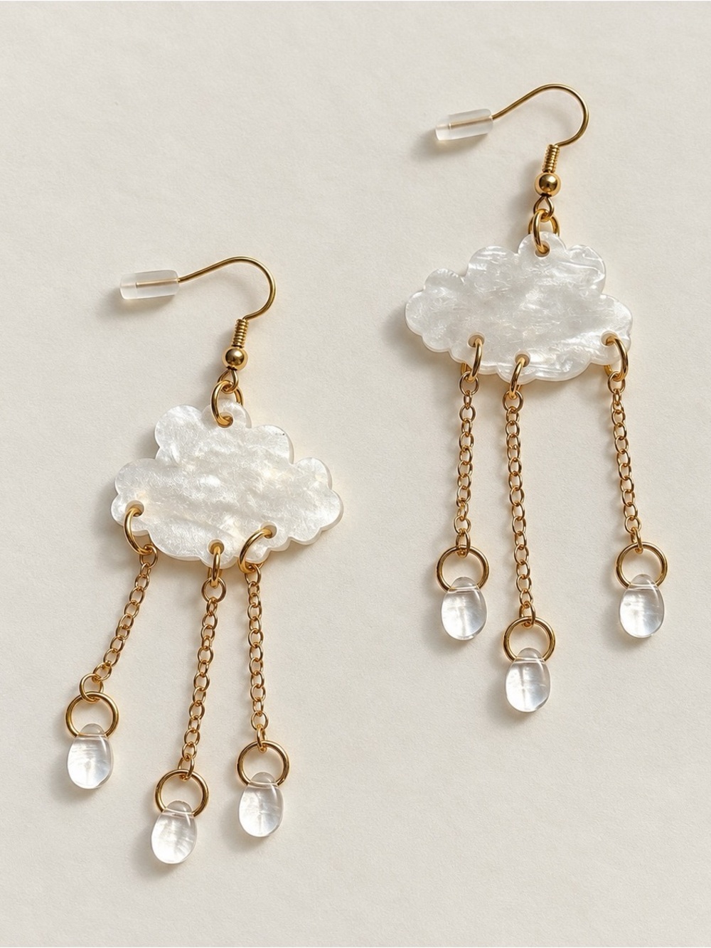 Vintage Gold-Trim Cloud Dangle Earrings with Pearl White Clouds